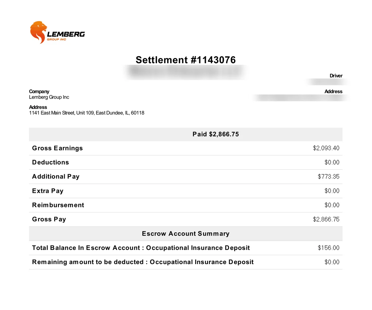 Lemberg Group settlement #1143076, paid $2,866.75 for September 8–14, 2026